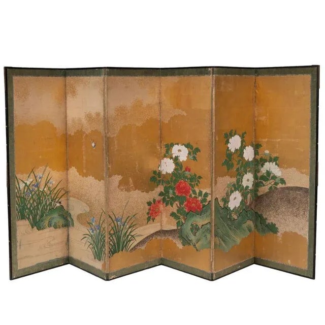 Gold Six Panel Japanese Byobu Scenic Gold and Peony Screen For Sale - Image 8 of 8