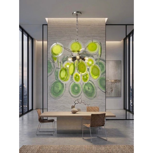 Mid-Century Italian Modernist Chandelier by Gino Vistosi, 1970s Murano Green Glass Disc and Chrome For Sale - Image 6 of 8