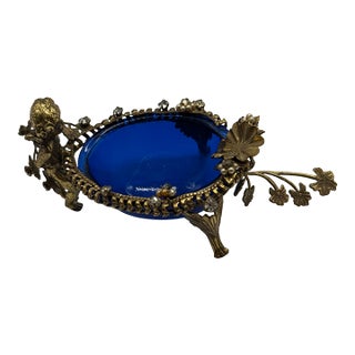 Antique Cherub Cobalt Glass Gilt Metal Vanity Dish For Sale