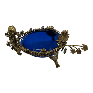 Antique Cherub Cobalt Glass Gilt Metal Vanity Dish