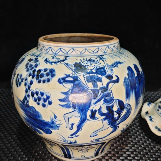 Blue and White Figural Story Lotus Leaf Ginger Jar, Chinoiserie Decorative Porcelain Canister For Sale - Image 4 of 9