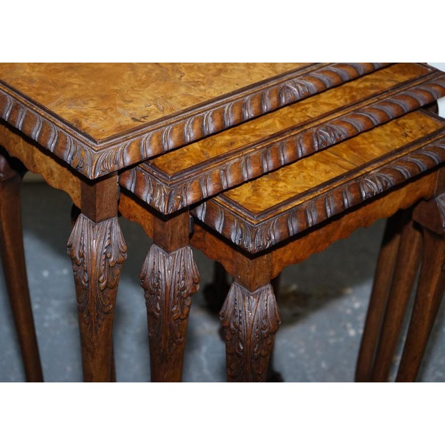 Burr Walnut Nest of Three Tables with Carved Claw & Ball Feet, Set of 3 For Sale - Image 10 of 15