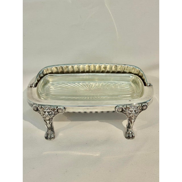 Silver Vintage F B Rogers Silver Co Roll Top Baroque Butter Dish With Lion Mask Feet and Glass Liner For Sale - Image 8 of 9