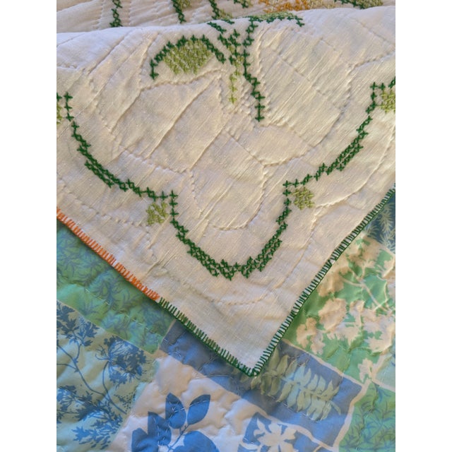 Antique Handmade Embroidered Quilt – Floral Folk Art Bedspread, Reversible, 92” X 95” For Sale In Seattle - Image 6 of 13