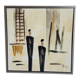 Two Men Painting Art Canvas Vintage Mid-Century Modern For Sale