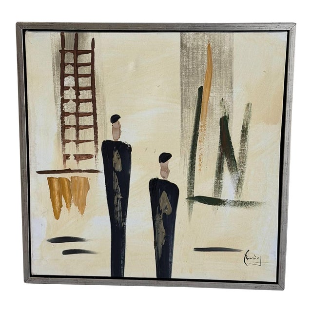Two Men Painting Art Canvas Vintage Mid-Century Modern For Sale