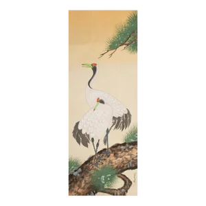 Post-1940 Showa Era Japanese Watercolor Painting on Silk "Two Cranes & the Pina Tree"