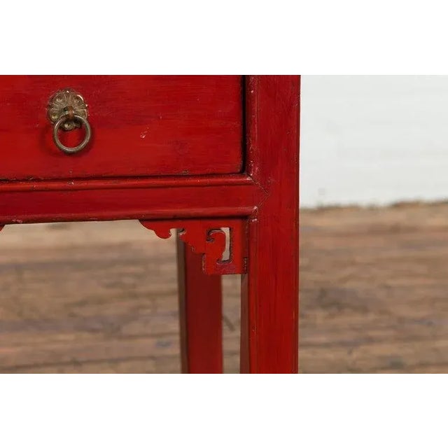 Vintage Chinese Red Lacquer Side Table with Single Drawer & Carved Spandrels For Sale - Image 10 of 13