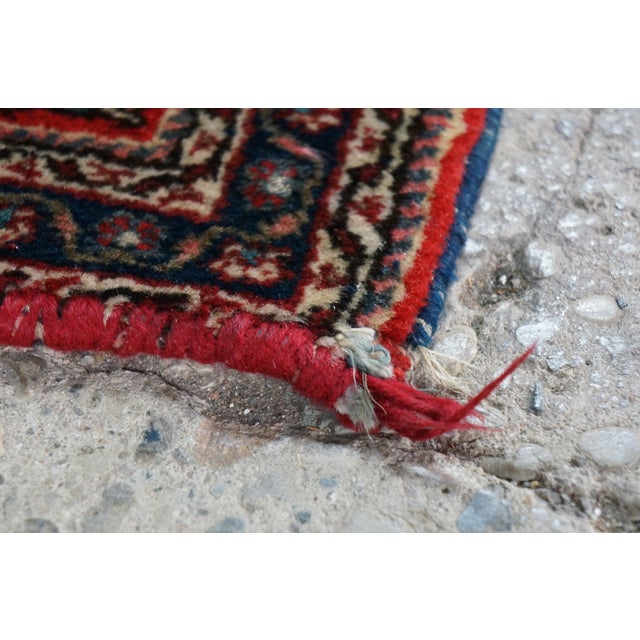 Textile Vintage Hand-Knotted Oriental Wool Scatter Rug Mat Red Indigo Vase 2x2' For Sale - Image 7 of 12