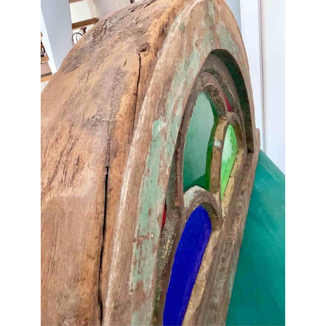 Antique Indian Teak and Cathedral Glass Overdoor Lunette, First Half of the 20th Century, 1920s For Sale - Image 12 of 15