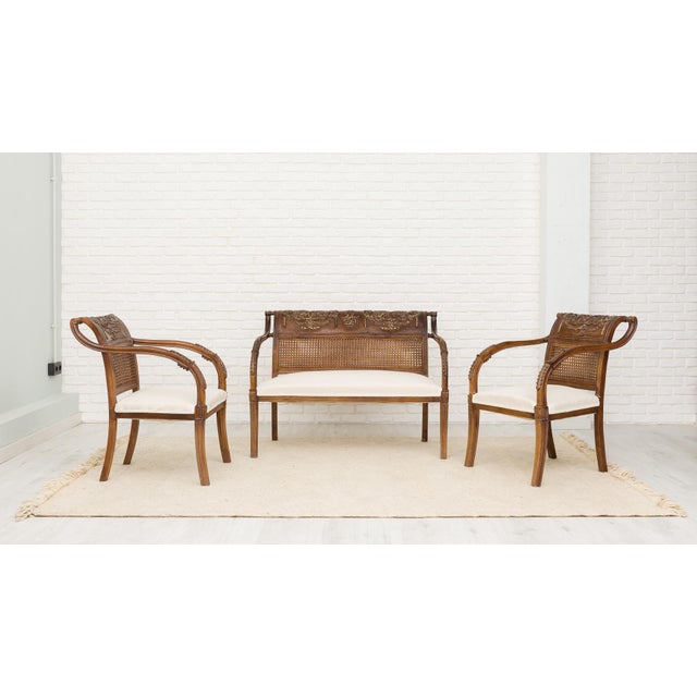 Wood Louis XVI Style Carved Chestnut and Caned Settee with Armchairs, Early 20th Century, Set of 3 For Sale - Image 7 of 7