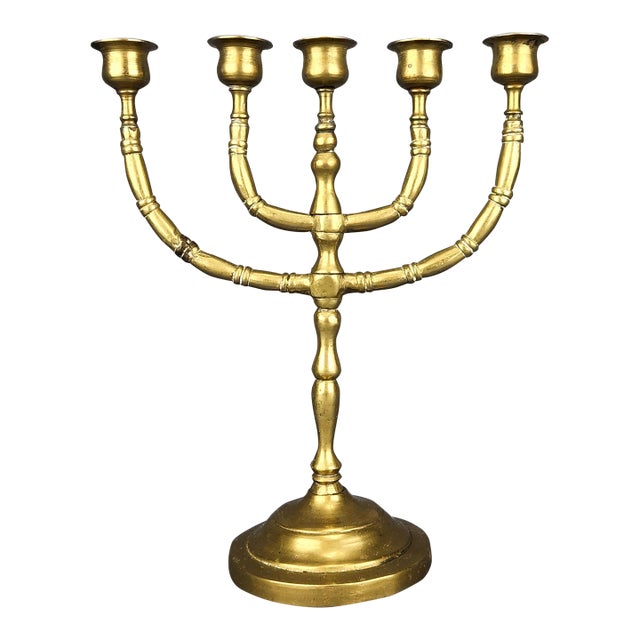 Antique Solid Brass 5 Arms Candelabra Menorah For Sale