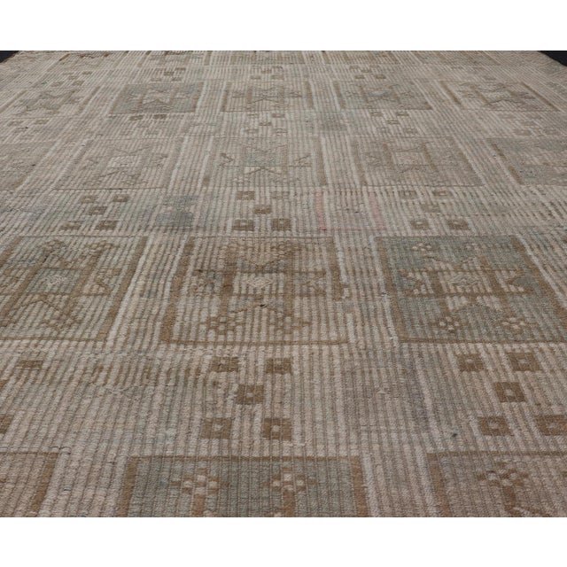 Traditional Vintage Turkish Embroidered Square Designed Kilim in Tan, Cream, and Light Green For Sale - Image 3 of 12