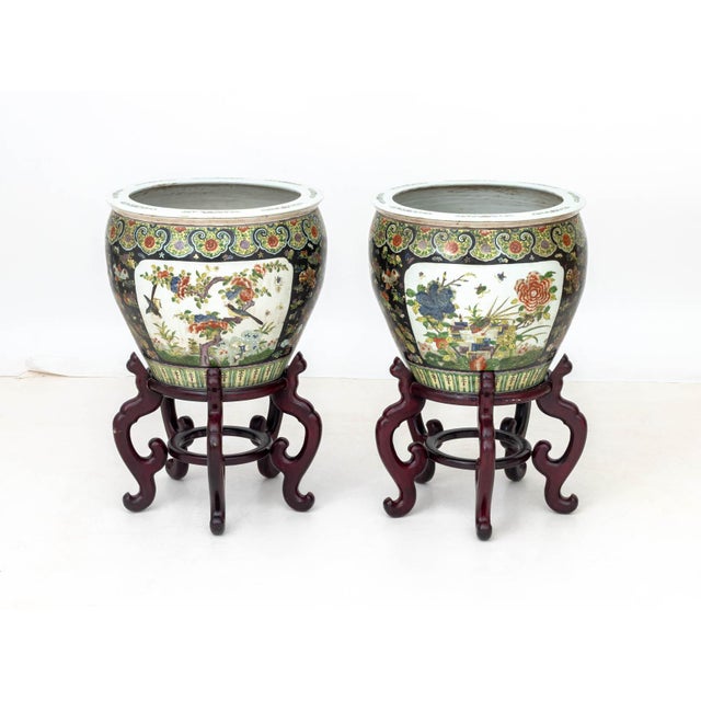 Chinese Famille Noir Porcelain Fish Bowls, Pair For Sale - Image 13 of 16