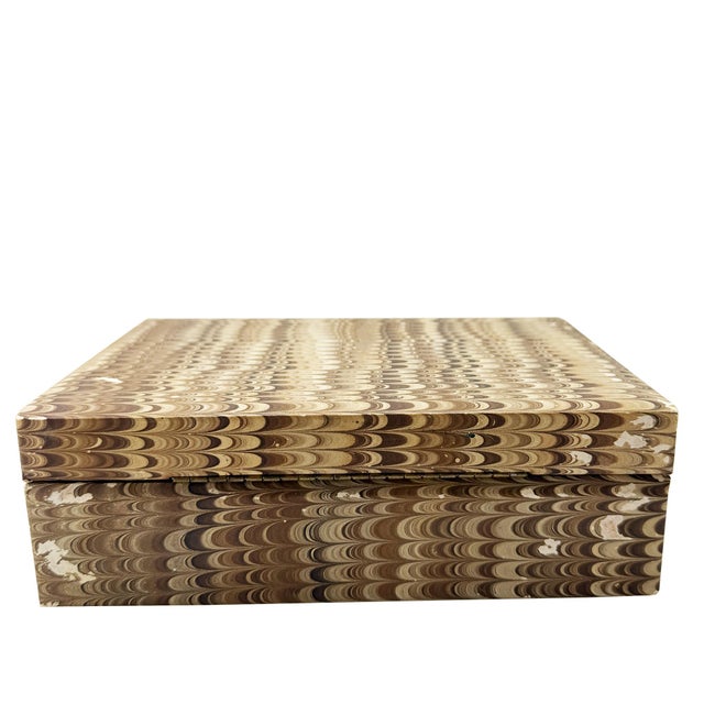 1970s Vintage Brown Hand-Marbled Florentine Peacock Paper Wood Desk Box, Circa 1970 For Sale - Image 5 of 11