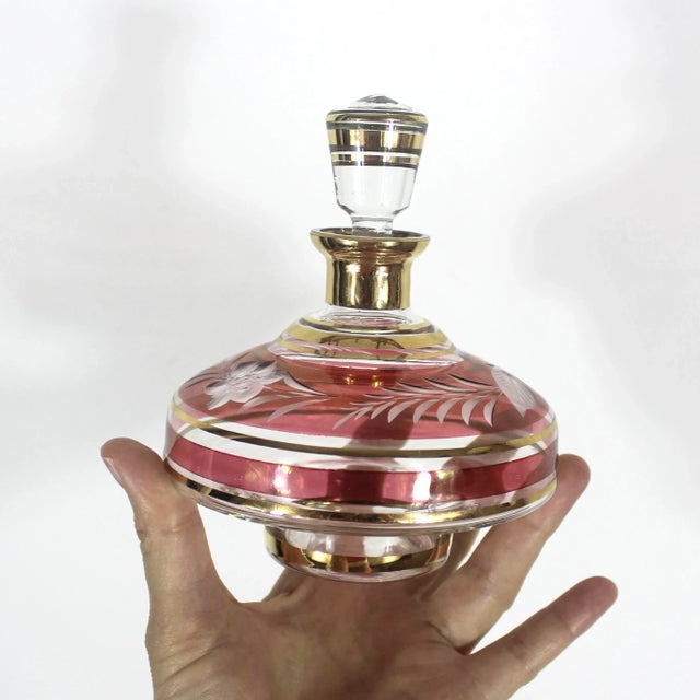 Vintage Bohemian Cut Cranberry and Gold Glass Bottle With Stopper For Sale - Image 4 of 10