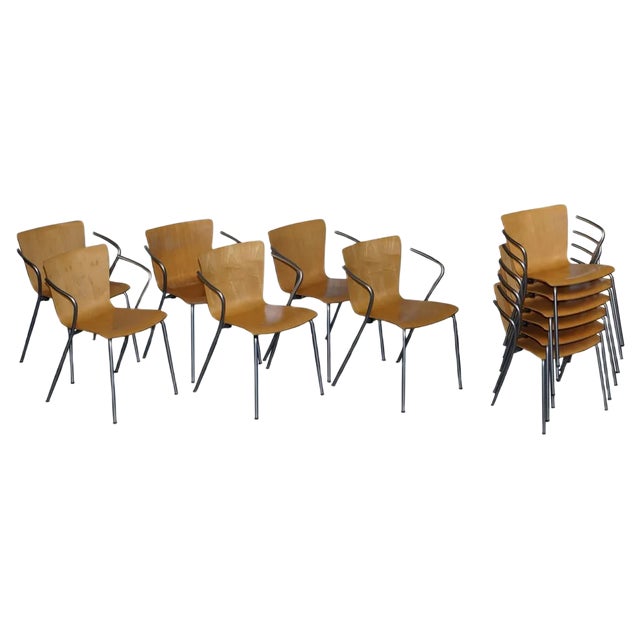 Vintage Bentwood Stacking Armchairs by Vico Magistretti for Fritz Hansen, Set of 6 For Sale