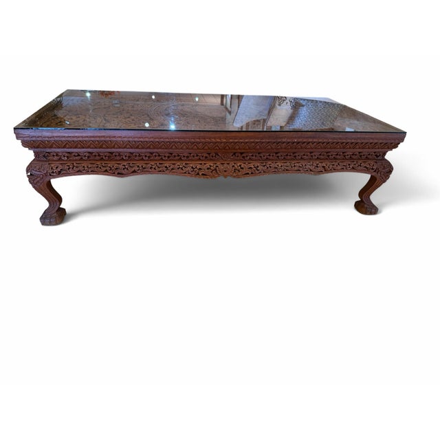 Vintage Hand-Carved Teakwood Coffee Table With Custom Glass Top For Sale - Image 4 of 8