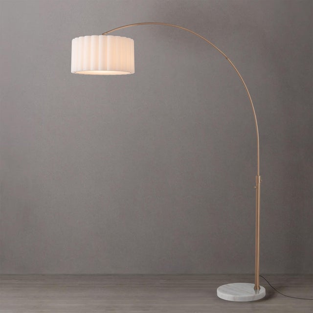 Mid-Century Modern 1960s Scallop 92" Arc Floor Lamp, Weathered Brass, White Marble Base, Linen Drum Shade, Modern Design For Sale - Image 3 of 4