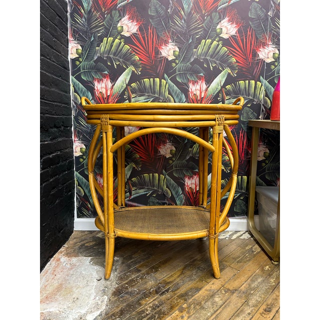 Mid-Century Modern A Pair of Vintage Mid 20th Century McGuire Coastal Bent Bamboo and Rattan Oval Bar Tables, With Removable Serving Trays. For Sale - Image 3 of 12