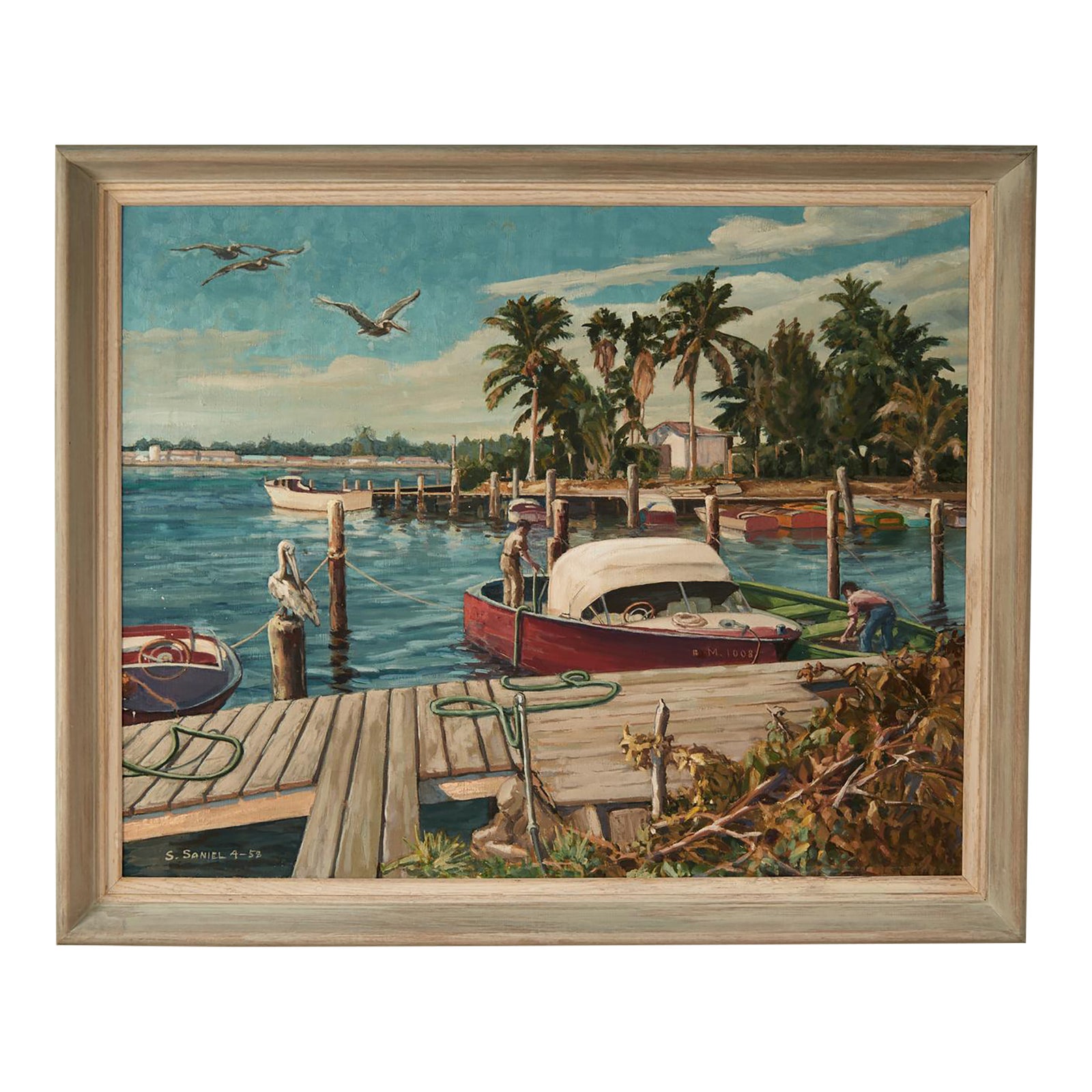 Vintage Painting of a Tropical Boat Dock | Chairish
