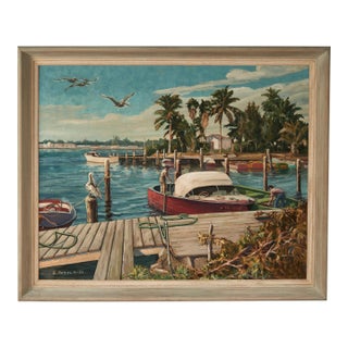 Vintage Painting of a Tropical Boat Dock For Sale