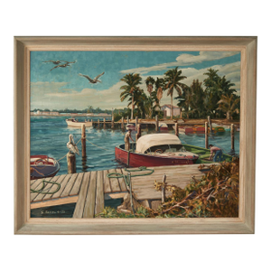 Vintage Painting of a Tropical Boat Dock