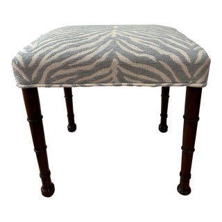 Vintage Faux Bamboo Footstool or Bench Upholstered in Blue and Cream Tiger Stripe For Sale