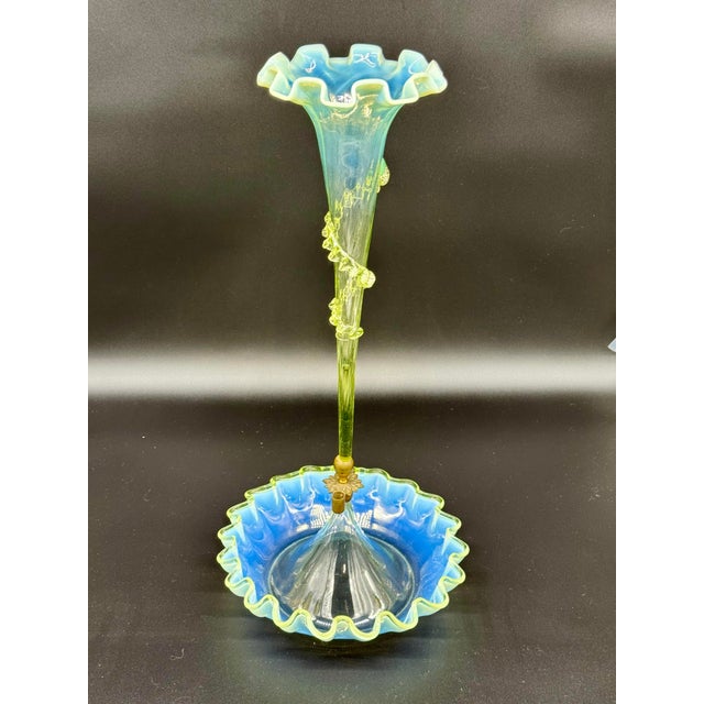 Early 20th Century Antique Victorian Epergne Light Green Vaseline Glass Ruffle Ca 1880 Art Glass Vase Glows For Sale - Image 5 of 11