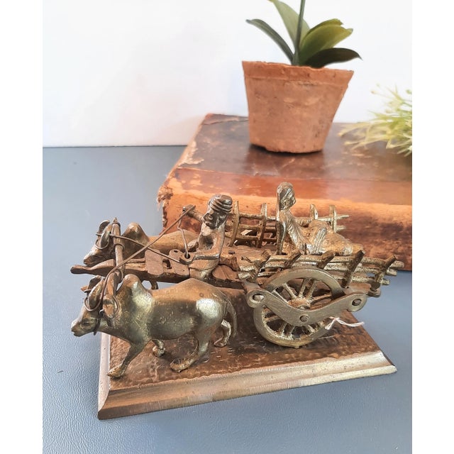 Vintage India Brass Man With Wagon Cart Bulls Cows For Sale - Image 4 of 8