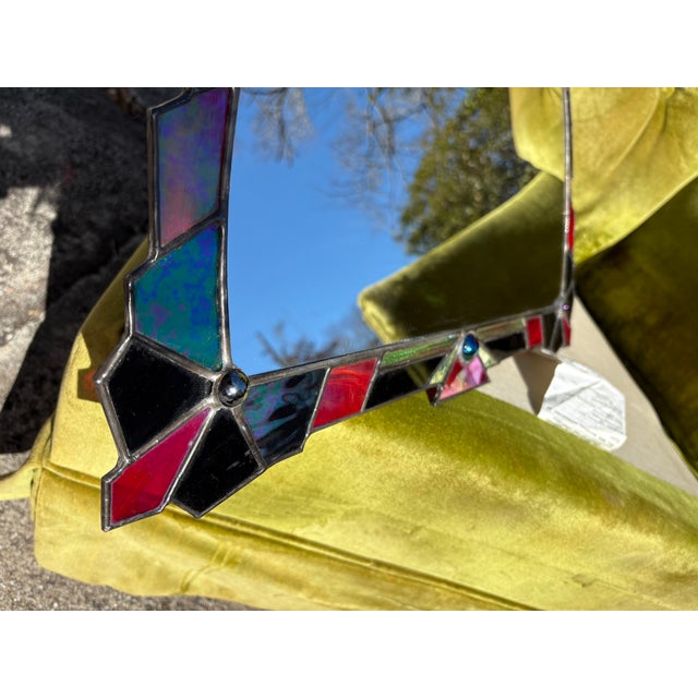 1990s Art Decor Iridescent Stain Glass Gothic Arched Mirror, Vintage Tiffany Inspired Mirror For Sale - Image 5 of 11