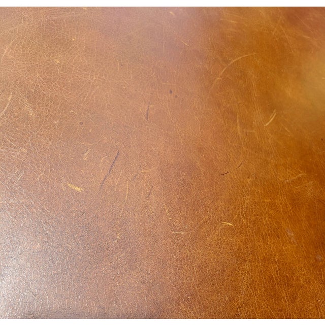 Vintage Genuine Leather Large Ralph Lauren Style Scalloped Camel Ottoman With Bullion Fringe For Sale - Image 9 of 17