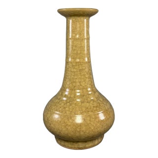 Vintage Chinese Crackle Glaze Bamboo Neck Porcelain Vase, Oriental Decor For Sale