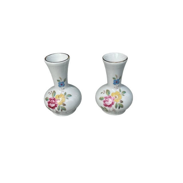 Mid-Century Modern Vintage Porcelain Hand Painted Floral Bud Vases Gold Rim- A Pair For Sale - Image 3 of 5
