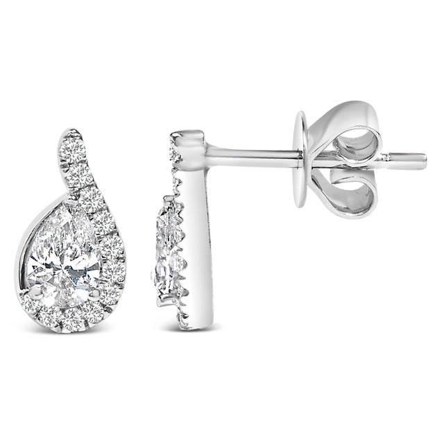 Contemporary 14K White Gold 5/8 Cttw Lab Grown Diamond Tear Drop Halo Stud Earring For Sale - Image 3 of 5