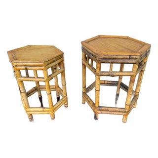 Set of 2 Vintage Boho Style Bamboo Wicker Nesting Tables / Plant Tables For Sale