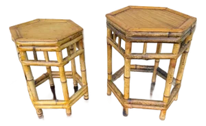 Set of 2 Vintage Boho Style Bamboo Wicker Nesting Tables / Plant Tables