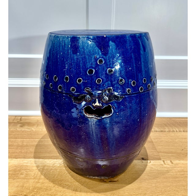 Antique Chinese Export Cobalt Blue Glazed Garden Stool, Mask Handles For Sale - Image 4 of 12