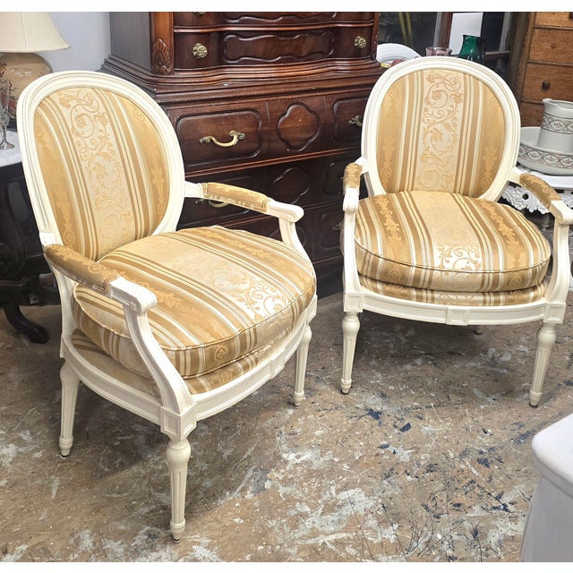 1930s Vintage Painted French Country Upholstered Arm Chairs a Pair For Sale - Image 5 of 11