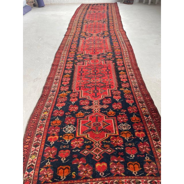 Red 1940-50's Yellow Goats & Horses With Wine, Ruby & Charcoal-Blue Shrubs & Flora Rug 4 X 17 For Sale - Image 8 of 12