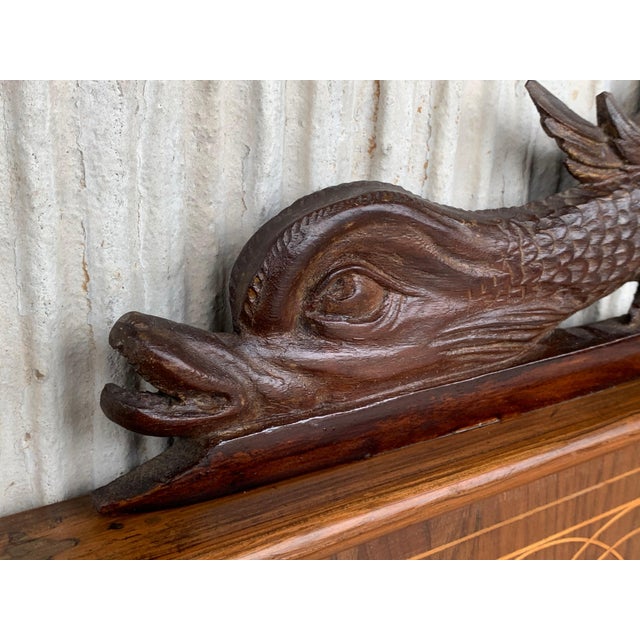 Antique Geometrical Marquetry Inlaid Mahogany Mirror with Carved Crest For Sale - Image 4 of 18