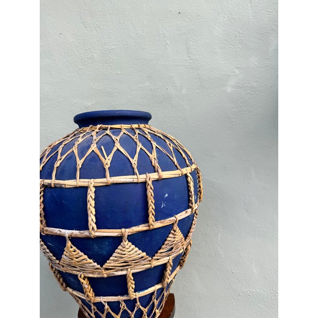 Bleu Majorelle Terracotta Woven Vessel / Vase — Cobalt Blue Mediterranean Coastal For Sale - Image 4 of 11