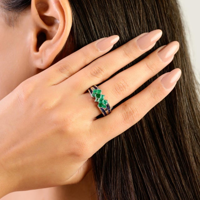 Art Deco 925 Silver Sqaure Emerald & Sapphire Cluster Band Ring Anniversary Gift - Size 7 For Sale - Image 6 of 11