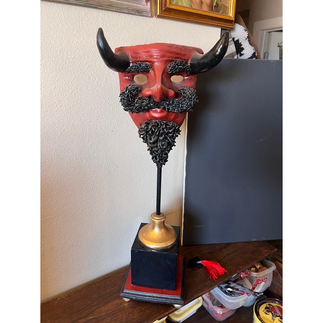 Rare Vintage Decorative Hand Carved & Painted Sculptural Display Mask Representing a Devil For Sale - Image 9 of 13