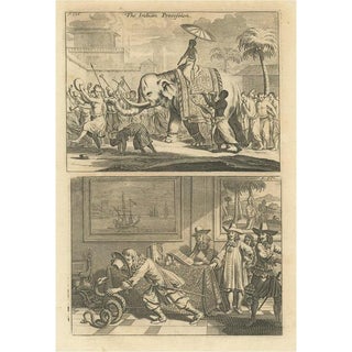 Procession of an Elephant and Dancing Monks in Ceylon and Catching a Snake, 1730, Paper For Sale