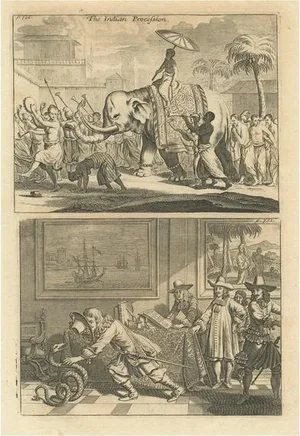 Procession of an Elephant and Dancing Monks in Ceylon and Catching a Snake, 1730, Paper