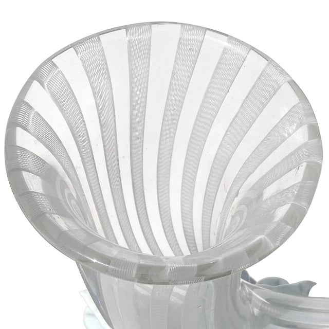 Mid 20th Century Vintage Venini Bianconi Murano Signed Zanfirico Ribbons Pasta White Italian Art Glass Cornucopia Vase For Sale - Image 5 of 12