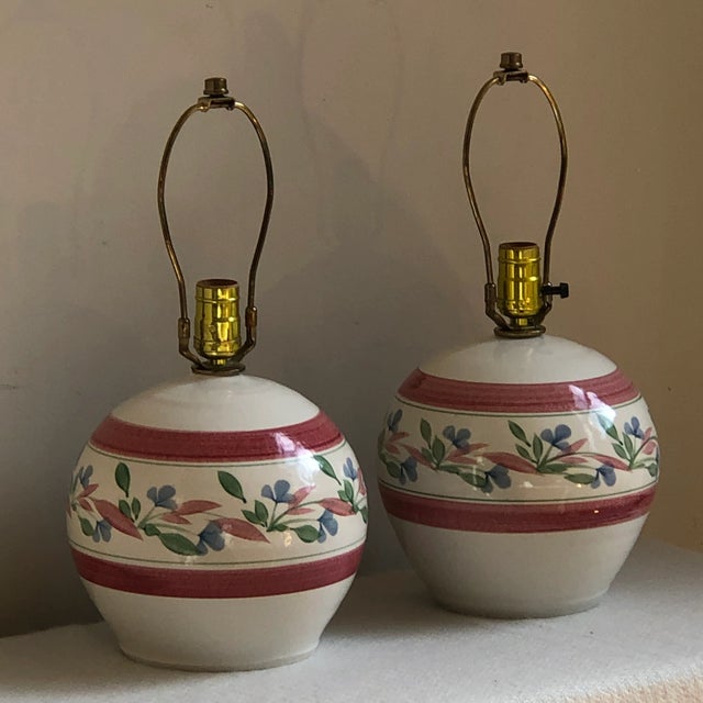 Traditional Vintage Hand-Glazed Floral Pottery Lamps — a Pair For Sale - Image 3 of 12