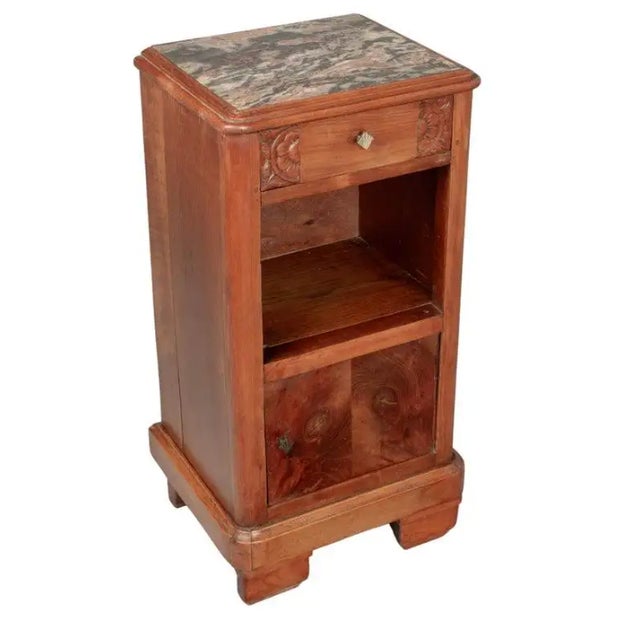 1920s Art Deco Carved Floral Armoire French Cherrywood With Mirror & Matching Marble-Topped Nightstand - Set of 2 For Sale - Image 4 of 9