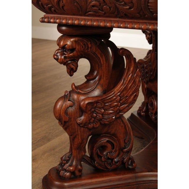 Antique Renaissance Revival Griffin Carved Oak Writing Desk or Library Table Attributed to RJ Horner For Sale - Image 9 of 13